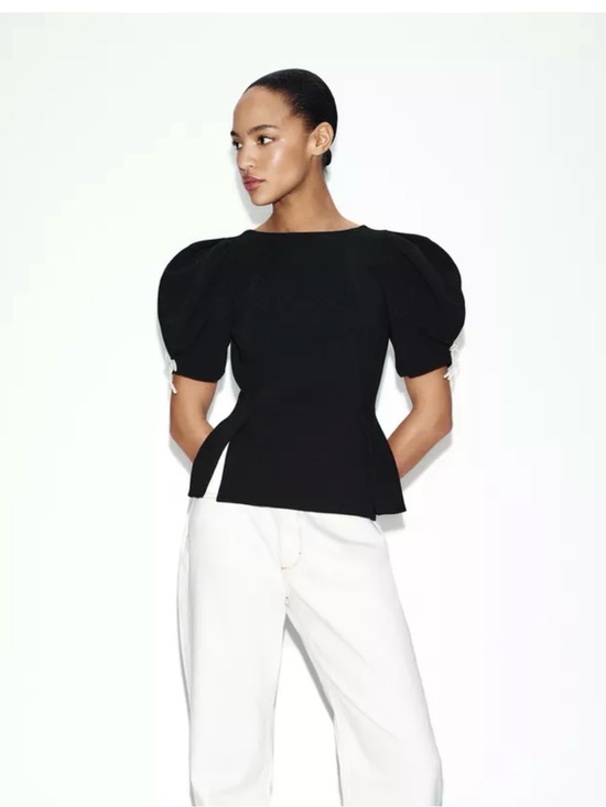 Zara Tops - Zara Pearl Bow Puff Sleeve Peplum Top Black Size Small NWT Elegant Luxury